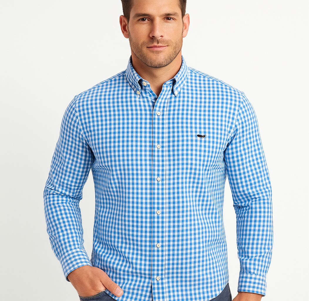 Camisa de botones Vineyard Vines 🐳 de cuadros gingham en color celeste y azul Talla M Entalle Regular