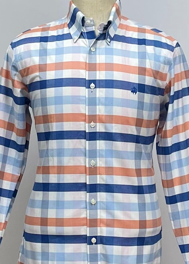 Camisa Brooks Brothers 🐑 color blanco con cuadros tartán en azul, naranja y celeste Talla M Entalle Regular