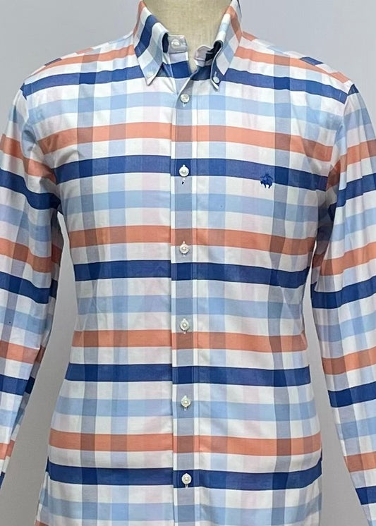 Camisa Brooks Brothers 🐑 color blanco con cuadros tartán en azul, naranja y celeste Talla M Entalle Regular