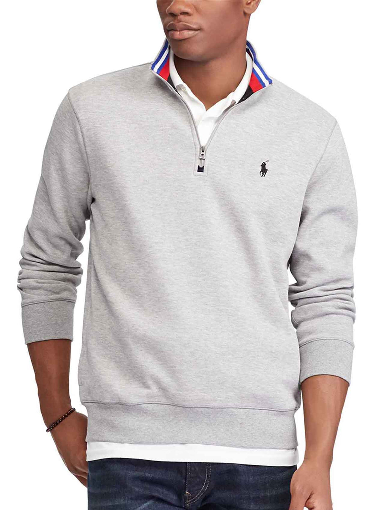 Sueter Jersey Polo Ralph Lauren 🏇🏼 color gris claro con diseño en cuello rojo, blanco y azul Talla L