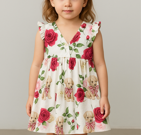 Vestido italiano de niña Monnalisa🎀 blanco con estampado de rosas y cachorros Talla 5