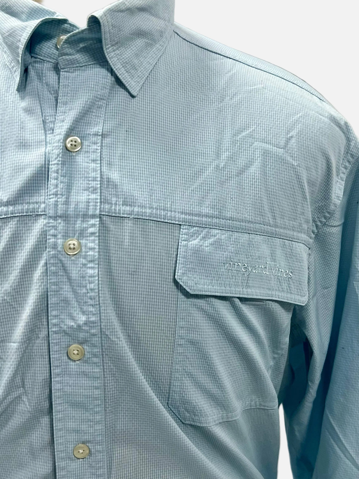 Camisa Vineyard Vines 🐳 Modelo Harbor de cuadro en color celeste y blanco Talla M Entalle regular