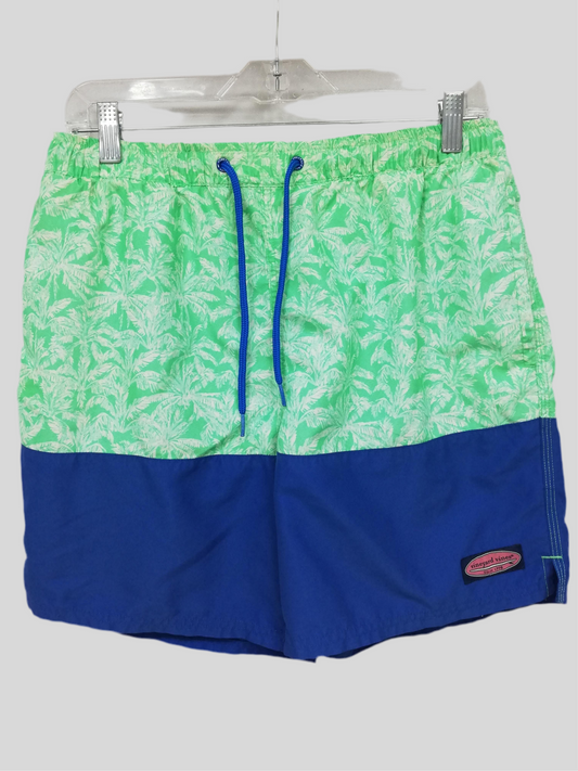 Short de baño Vineyard Vines 🐳 con diseño de palmeras en color verde y azul talla M