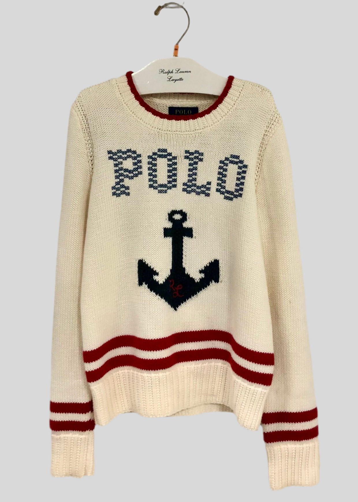 Sueter Jersey tejido de niña Polo Ralph Lauren 🏇🏼 color blanco con diseño de ancla Talla S