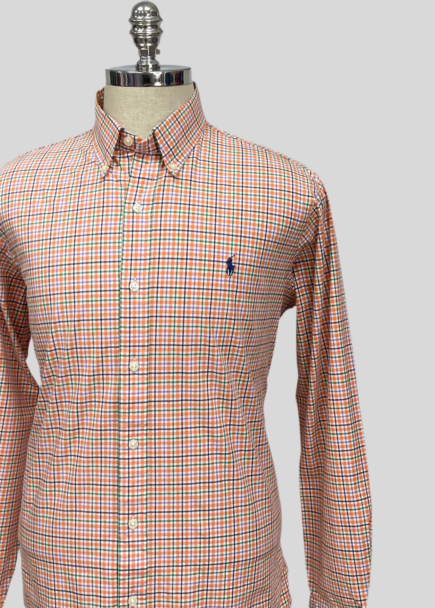 Camisa Polo Ralph Lauren 🏇🏼 color blanco con patrón de cuadros naranja, verde y azul Talla L Entalle Clásico