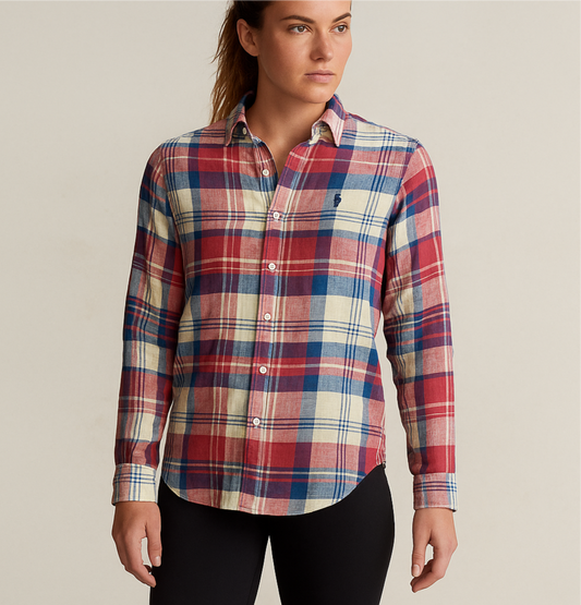 Camisa de mujer Polo Ralph Lauren 🏇🏼 de Lino con cuadros tartán en color azul, rojo y blanco Talla L Entalle Regular