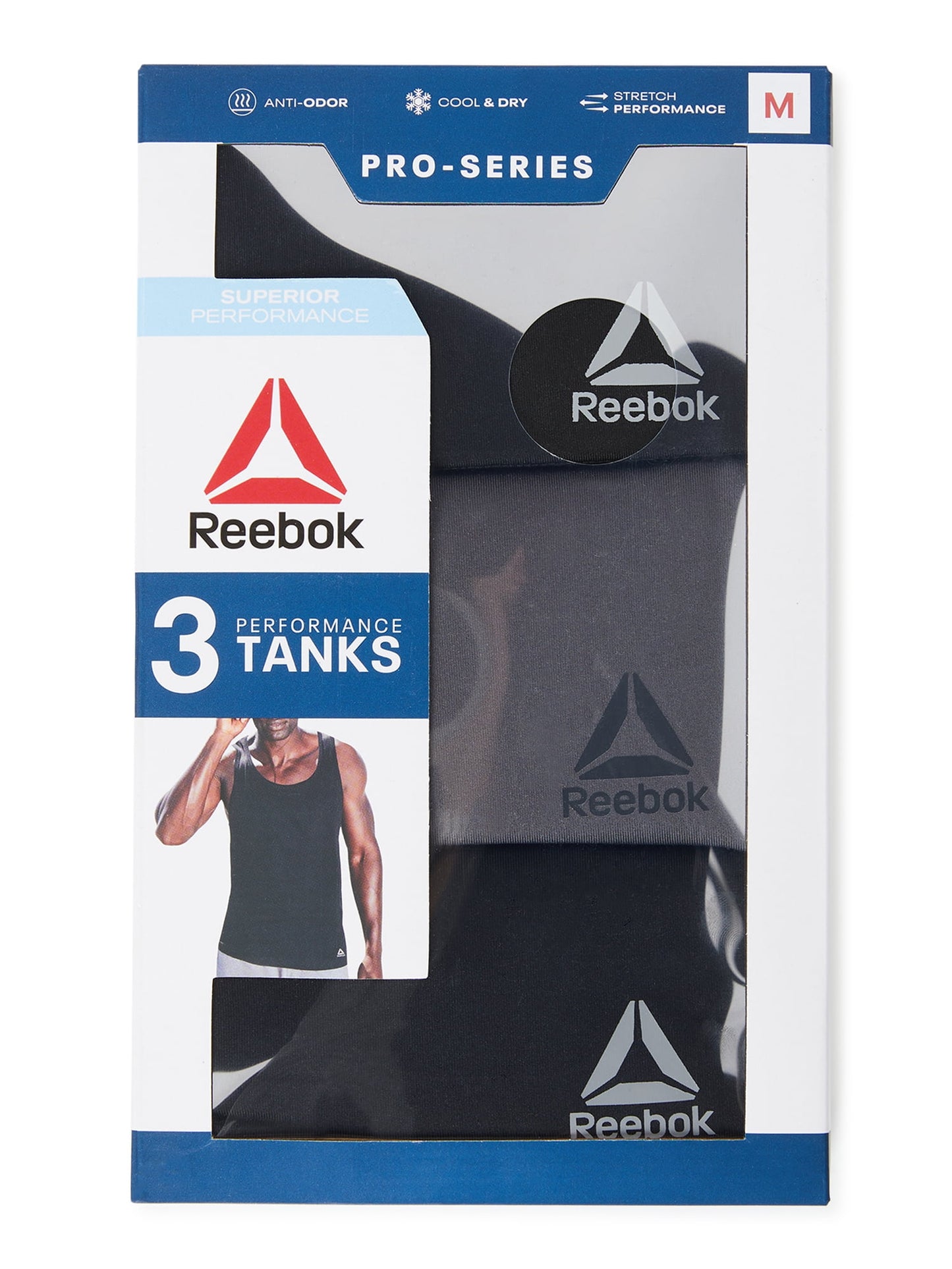 Paquete de 3 Camiseta sin mangas Reebok 🔺 Tela performance color negro y gris Talla M y L