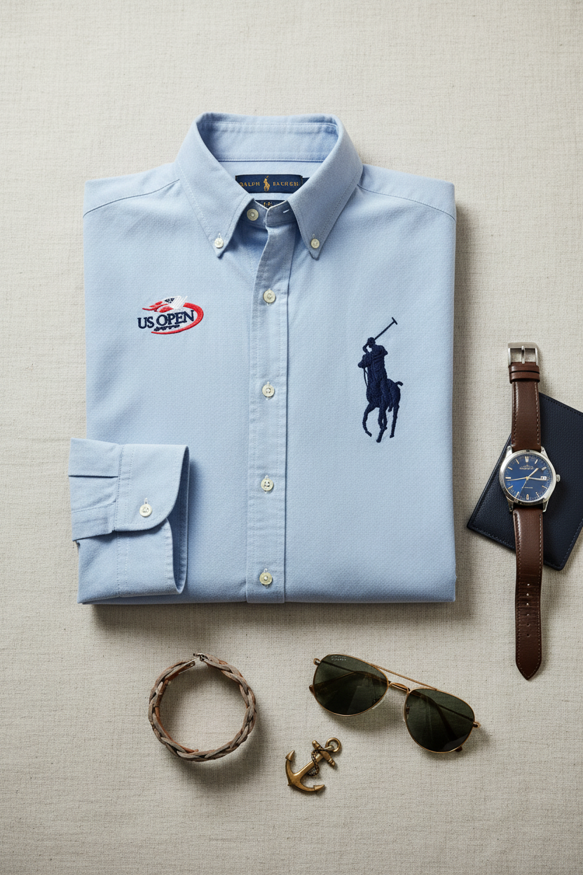 Camisa de botones Polo Ralph Lauren 🏇🏼 Oxford Edición Especial US Open en color celeste Talla M Entalle Clásico