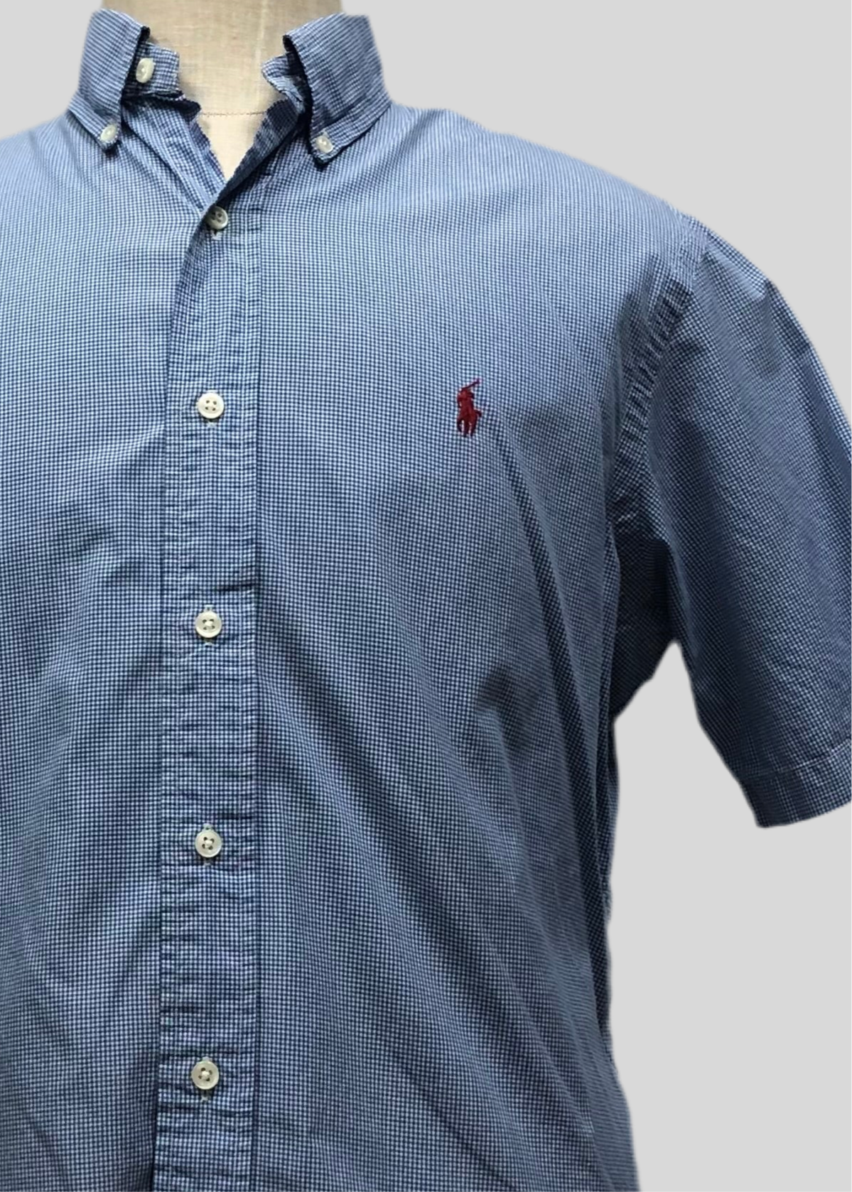 Camisa Polo Ralph Lauren 🏇🏼 color blanco con patrón de cuadros finos en azul Talla M Entalle Clásico