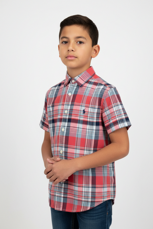Camisa de niño Polo Ralph Lauren 🏇🏼 con patron de cuadros en rojo, azul y blanco Talla M (10-12) Entalle Regular