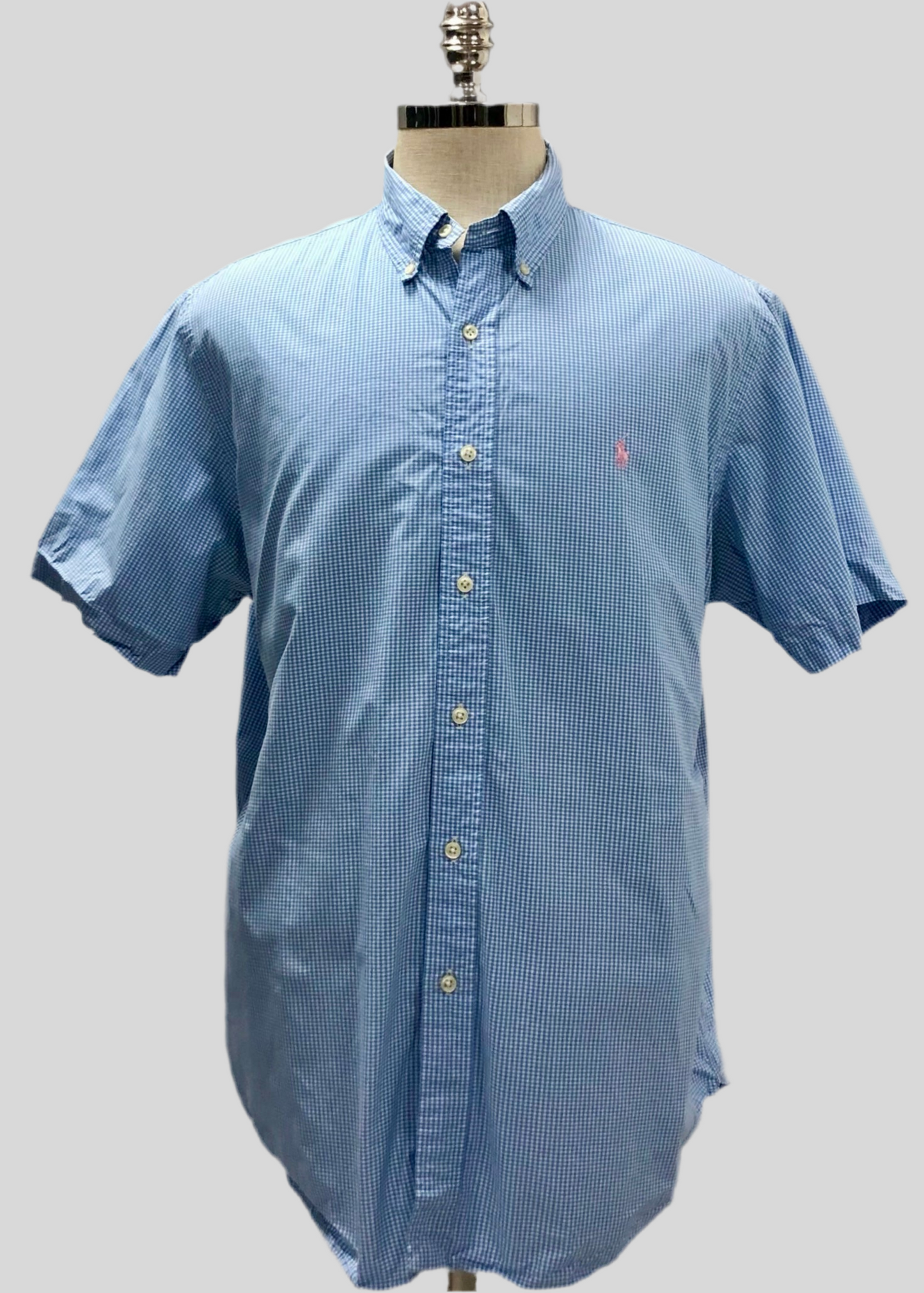 Camisa Polo Ralph Lauren 🏇🏼 con patrón de cuadros finos en celeste y blanco Talla XL Entalle Regular (ver descripción)