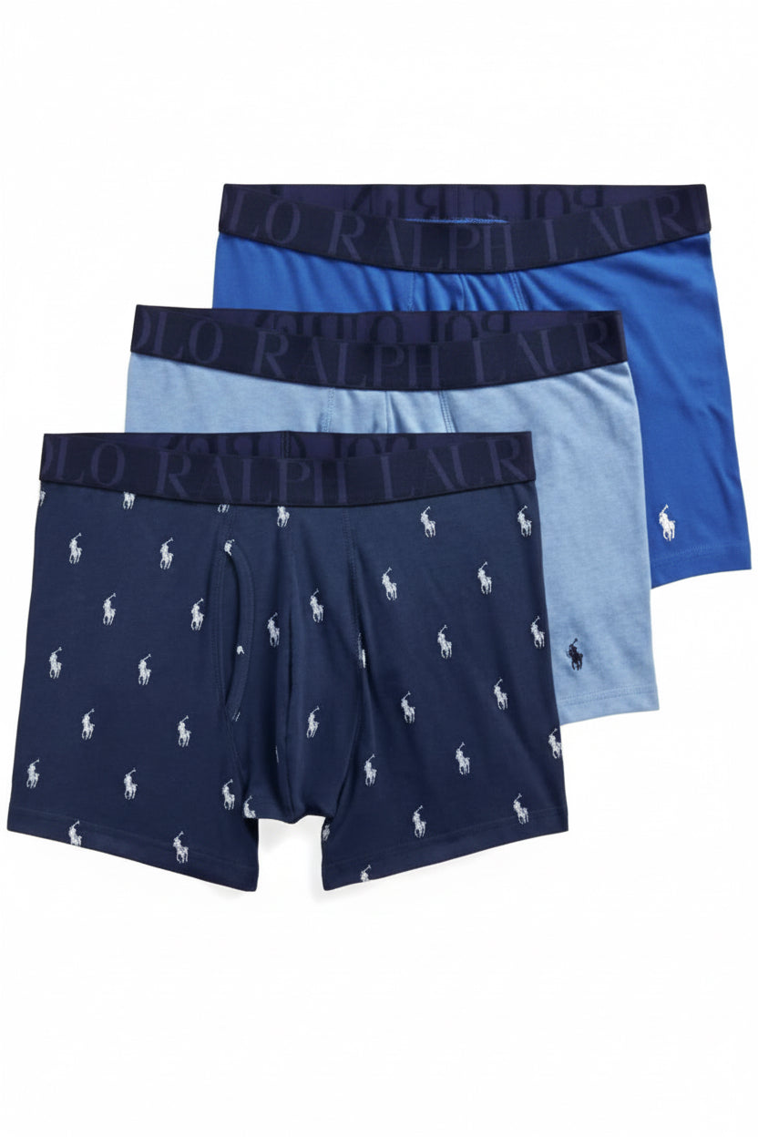 Paquete de 3 Boxer Briefs Polo Ralph Lauren 🏇🏼 Classic Fit Tela algodón stretch color azul, celeste y con diseño de logo Talla S