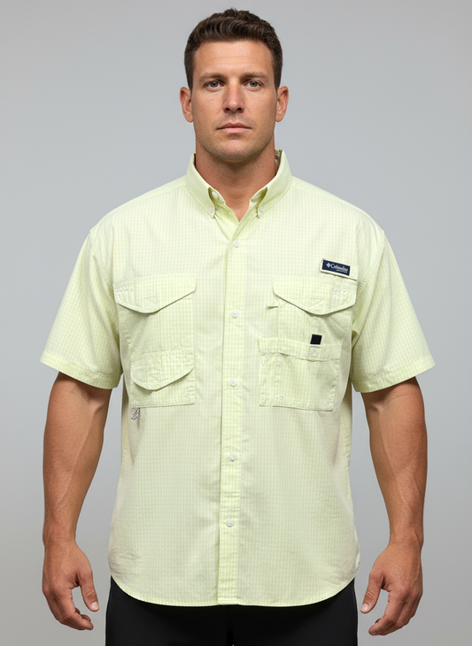 Camisa Columbia 🔹 Modelo Super Bonehead con patrón de cuadros en amarillo y blanco Manga corta Talla XL