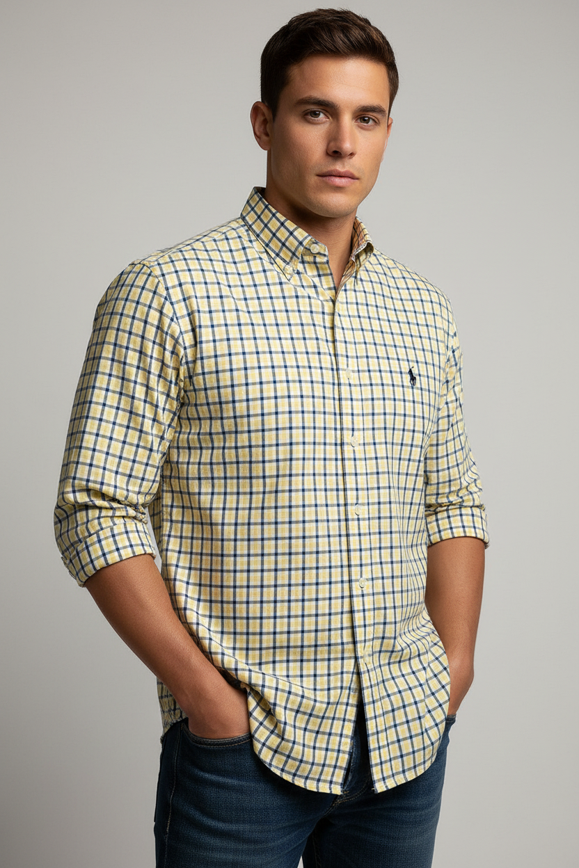 Camisa Polo Ralph Lauren 🏇🏼 color blanco de cuadros en amarillo y azul Talla L Entalle Clásico