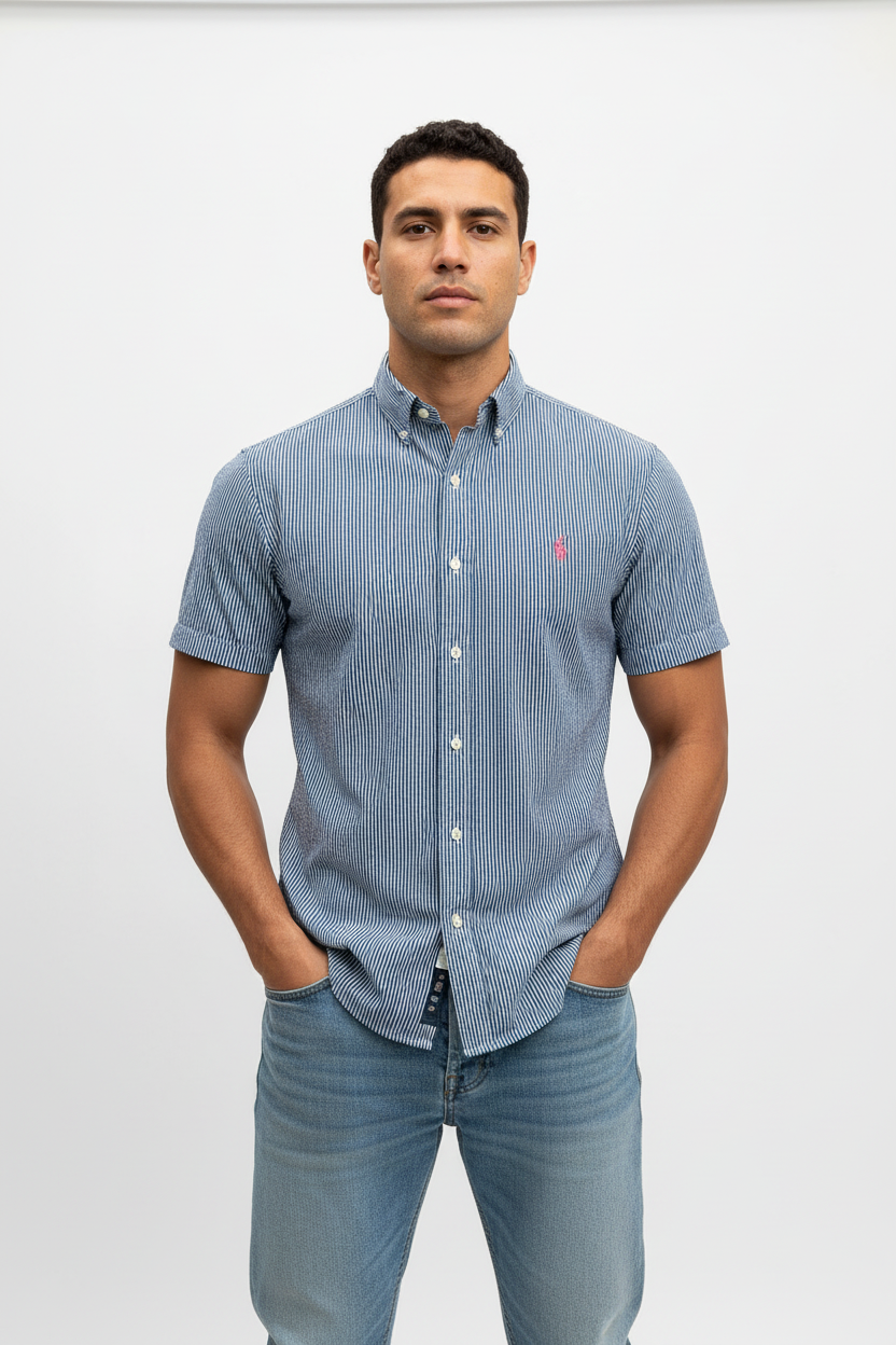 Camisa Polo Ralph Lauren 🏇🏼 Seersucker de rayas en color azul y blanco Talla S Entalle Regular