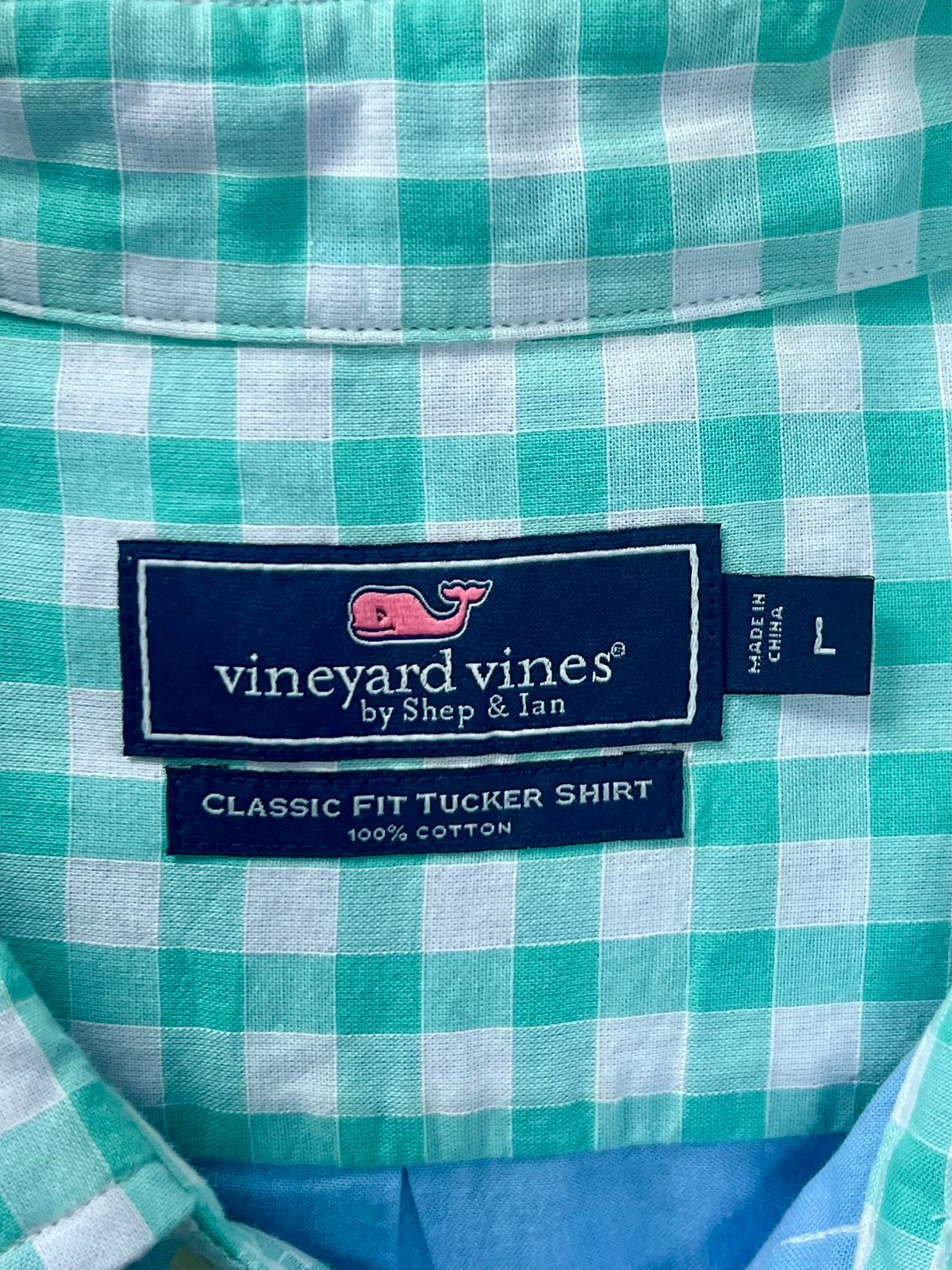 Camisa de botones Vineyard Vines 🐳 de cuadros gingham en color turquesa y gris Talla L Entalle Clásico