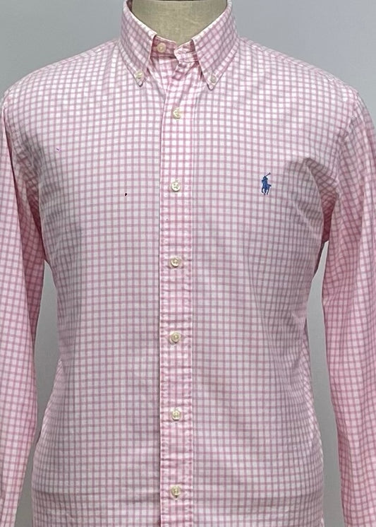 Camisa Polo Ralph Lauren 🏇🏼 color blanco con patron de cuadros rosado Talla M Entalle Clásico