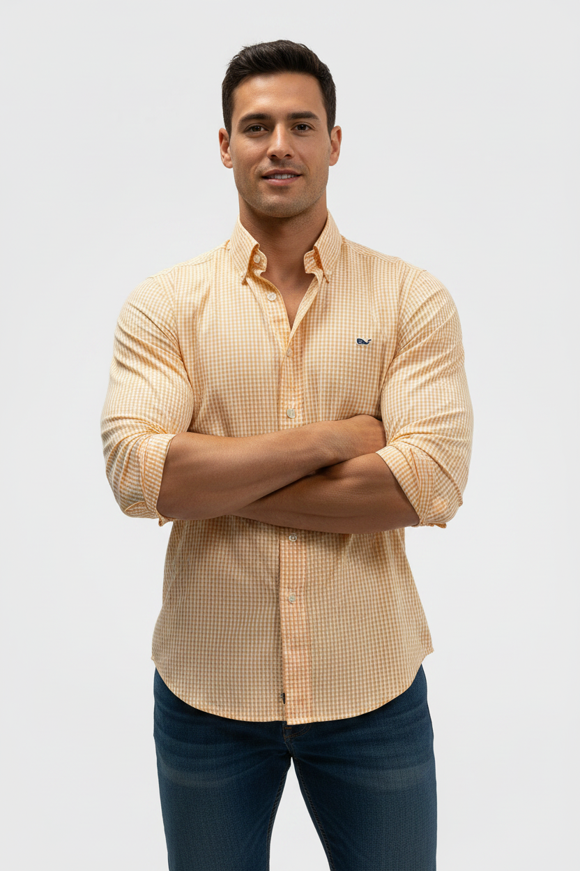 Camisa Vineyard Vines 🐳 de cuadros gingham naranja y blanco Talla S Entalle Slim Fit