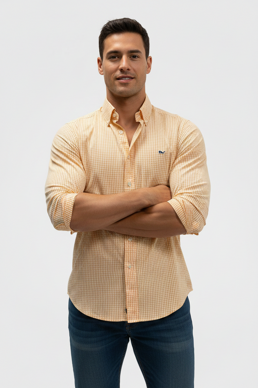 Camisa Vineyard Vines 🐳 de cuadros gingham naranja y blanco Talla S Entalle Slim Fit