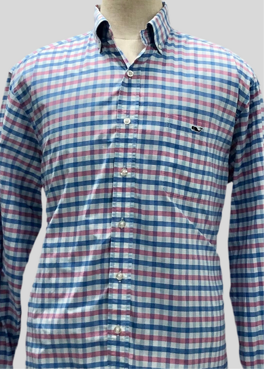 Camisa Vineyard Vines 🐳 Performance color blanco de cuadros en color celeste y rosado Talla L Entalle Clásico