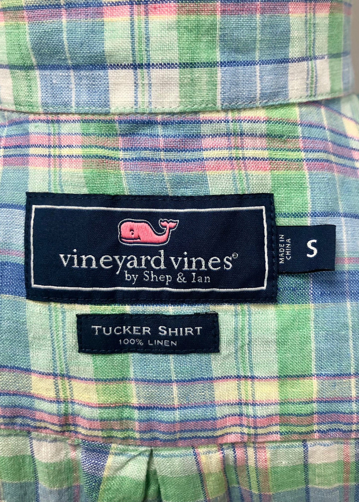 Camisa de cuadros Vineyard Vines 🐳 de lino con cuadros en color verde, azul y rosado Talla S Entalle Regular
