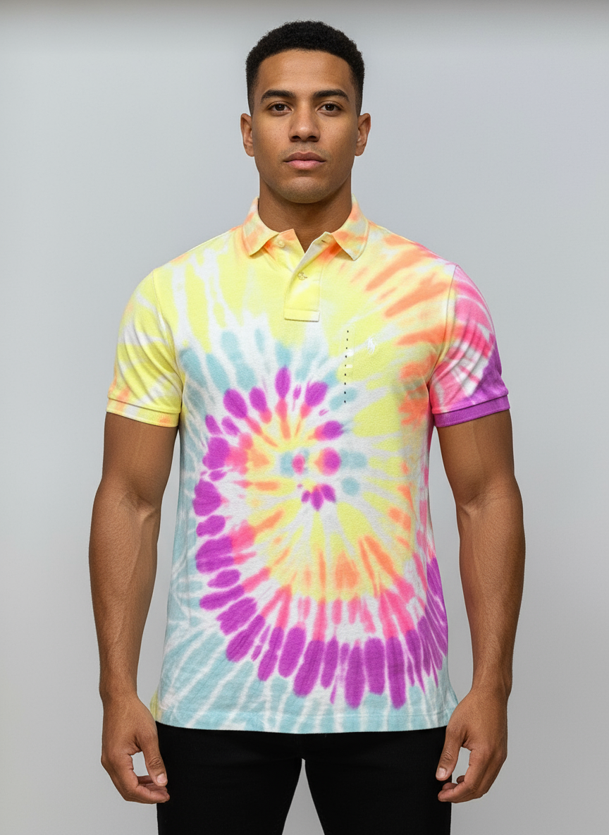Camiseta Polo Ralph Lauren 🏇🏼Color blanco con diseño Tie Dye circular en naranja, amarillo y morado Talla S, M Entalle Clásico