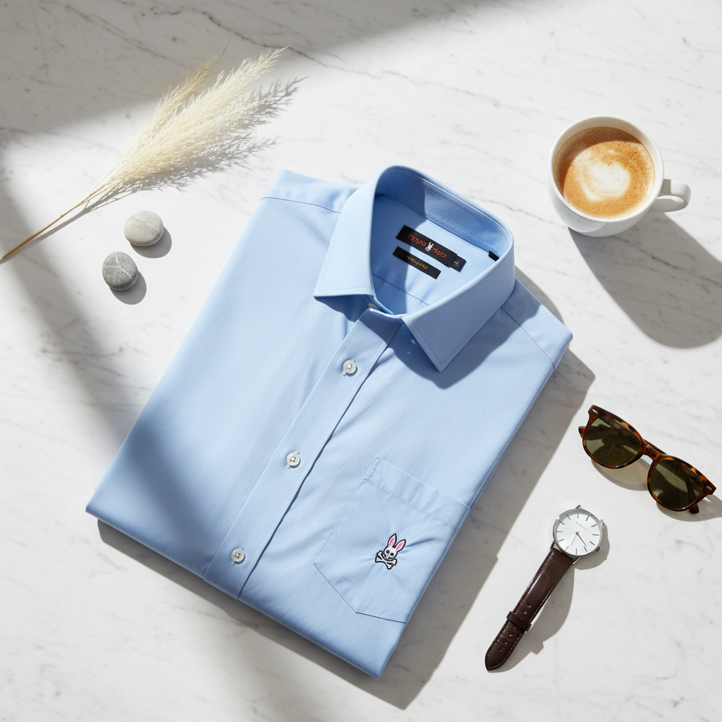 Camisa de botones Psycho Bunny 🐰  Color celeste claro con logo tradicional Talla L Entalle Regular