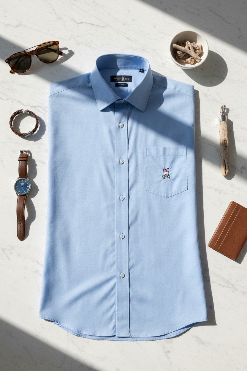 Camisa de botones Psycho Bunny 🐰  Color celeste claro con logo tradicional Talla L Entalle Regular