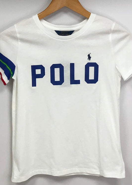 Camiseta cuello redondo de niña Ralph Lauren 🏇🏼  color blanco y logo en letras azul Talla L (12-14) Entalle Regular