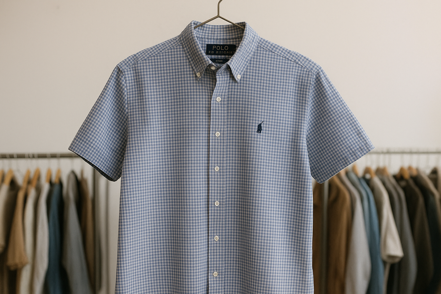 Camisa Polo Ralph Lauren 🏇🏼 de cuadros gingham celeste y blanco Talla M Entalle Regular