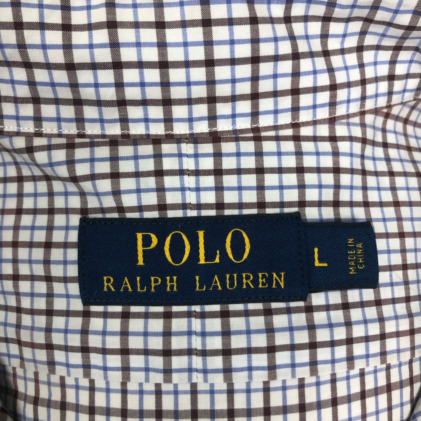 Camisa Polo Ralph Lauren 🏇🏼 color blanco con patron de cuadros chocolate y azul Talla L Entalle Regular