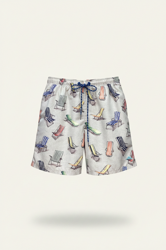 Short de baño Tommy Bahama 🏝 color beige con diseño de sillas playeras talla M