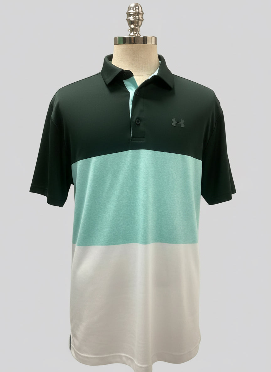 Camiseta polo Under Armour 🏋🏻 de franjas en negro, turquesa y blanco Tela Performance Talla XL Entalle Regular