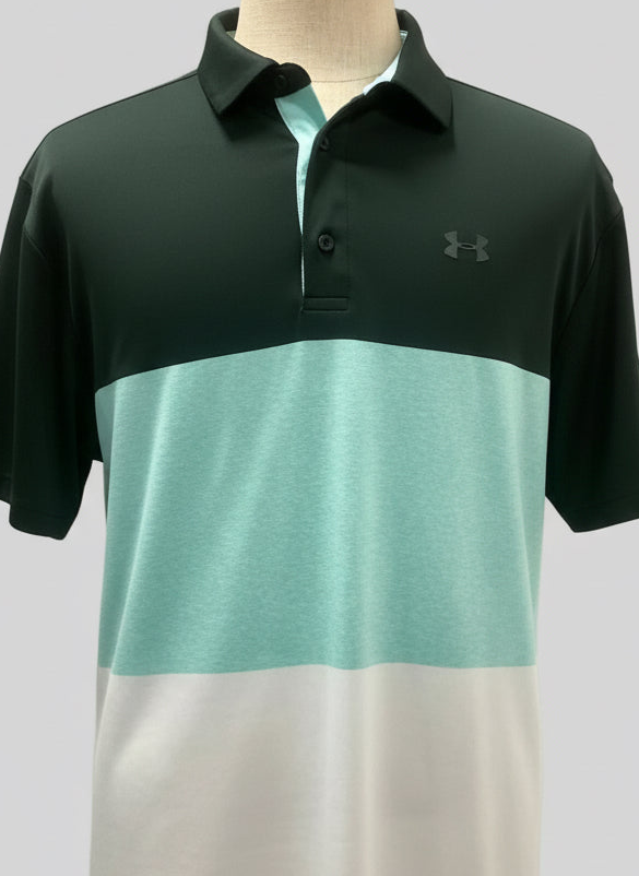Camiseta polo Under Armour 🏋🏻 de franjas en negro, turquesa y blanco Tela Performance Talla XL Entalle Regular