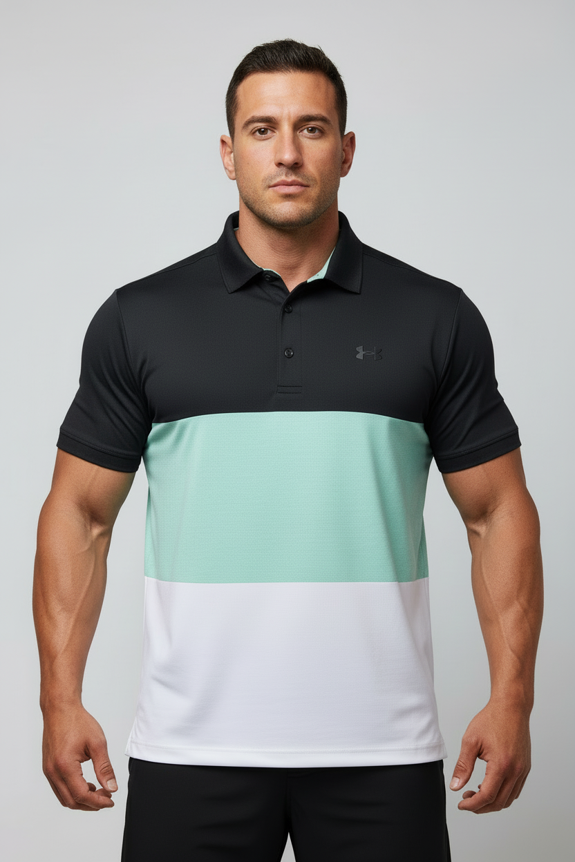 Camiseta polo Under Armour 🏋🏻 de franjas en negro, turquesa y blanco Tela Performance Talla XL Entalle Regular