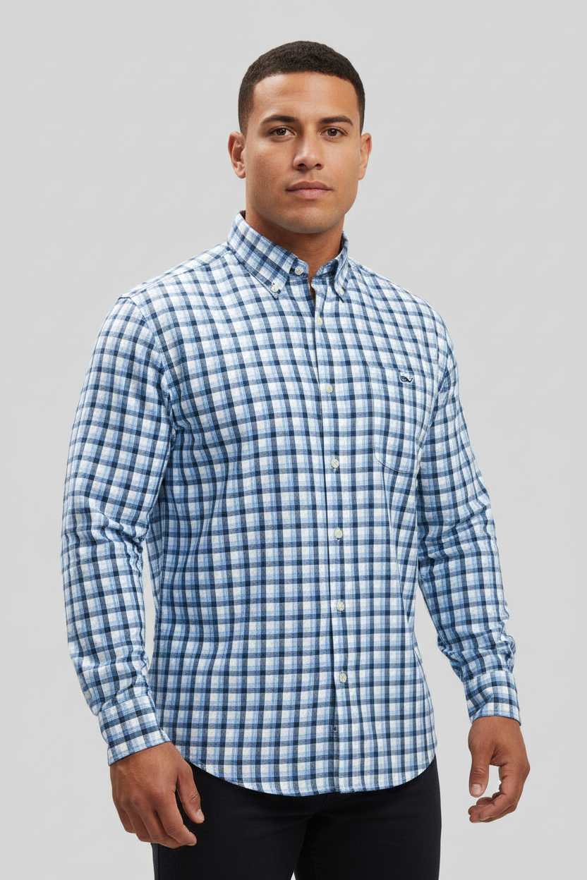Camisa de botones Vineyard Vines 🐳 Performance de cuadros en celeste, azul y blanco Talla XL Entalle Slim Fit