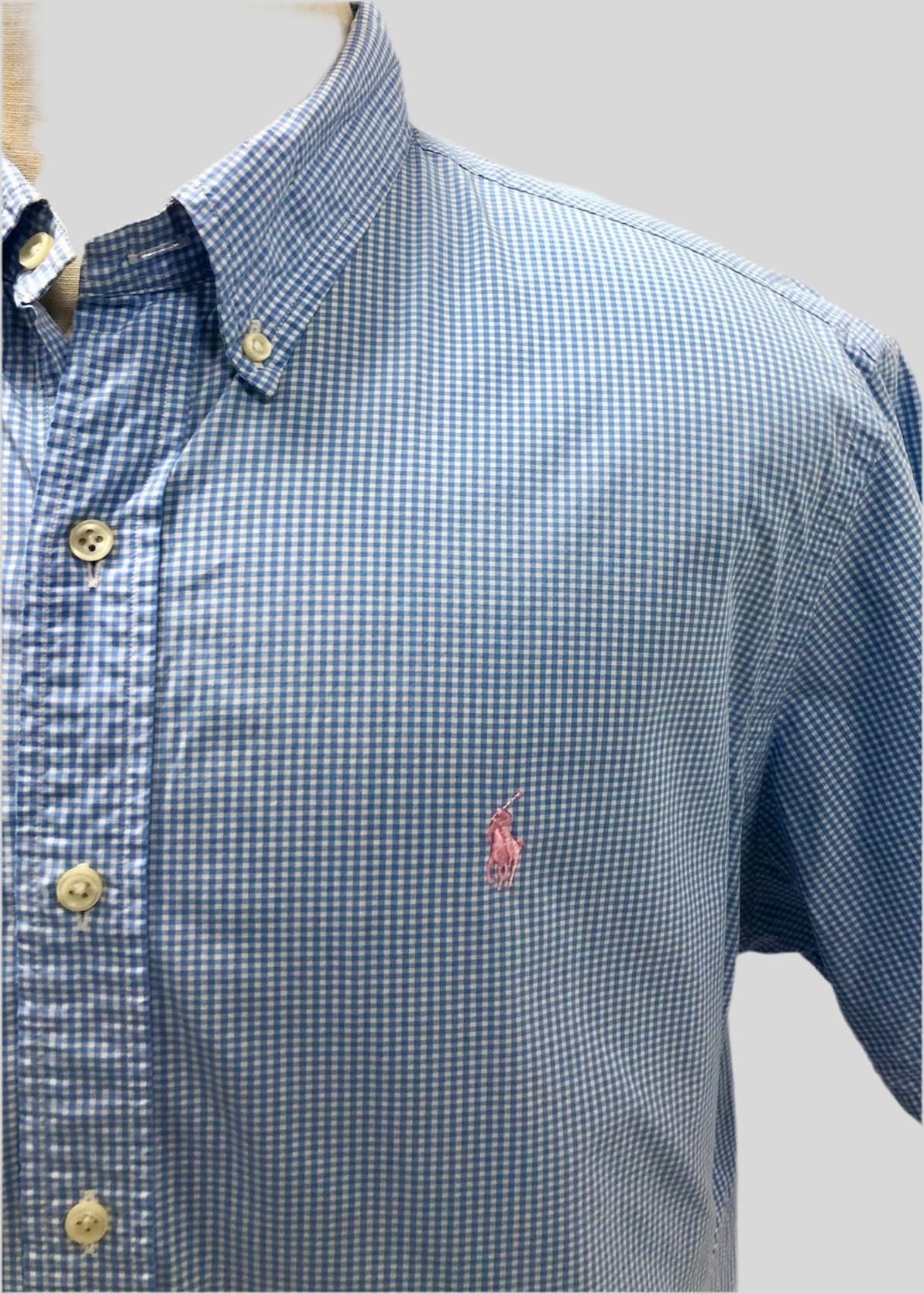 Camisa Polo Ralph Lauren 🏇🏼 con patrón de cuadros finos en celeste y blanco Talla XL Entalle Regular (ver descripción)