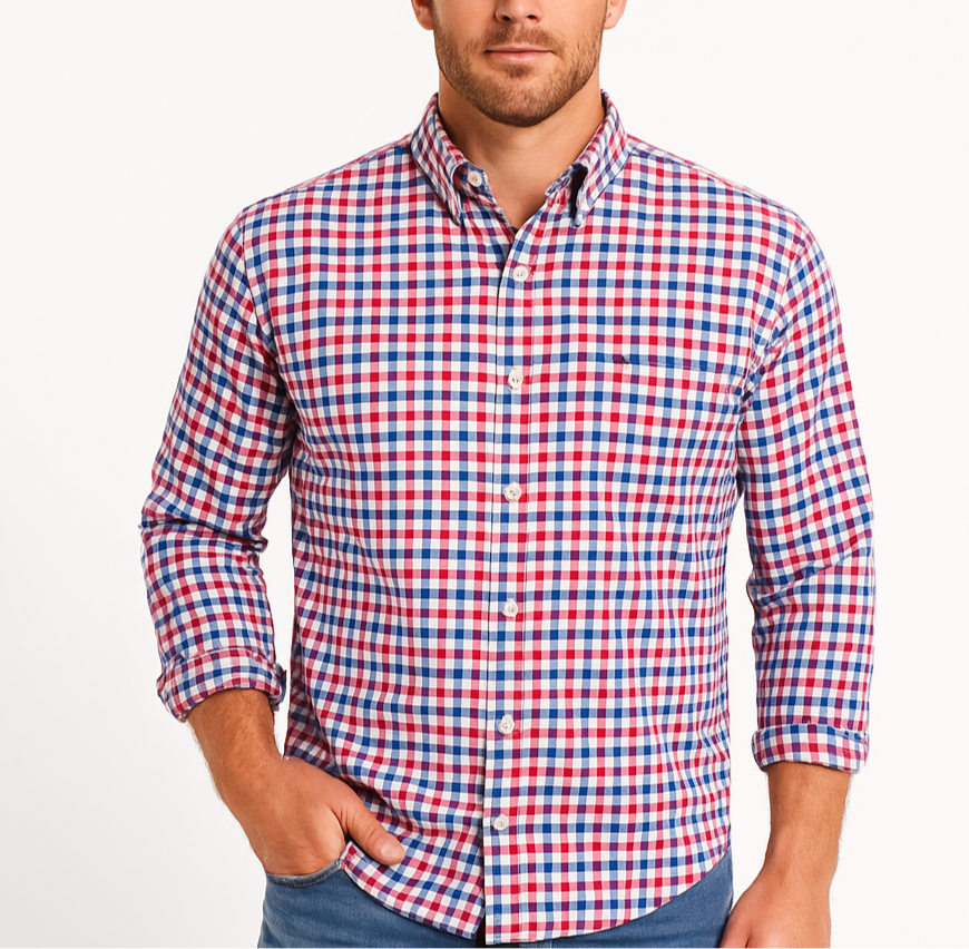 Camisa de botones Vineyard Vines 🐳 Performance de cuadros en color rojo, azul y blanco Talla M Entalle Clásico