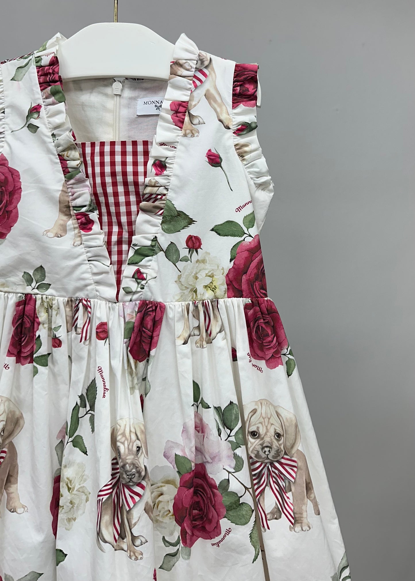 Vestido italiano de niña Monnalisa🎀 blanco con estampado de rosas y cachorros Talla 5