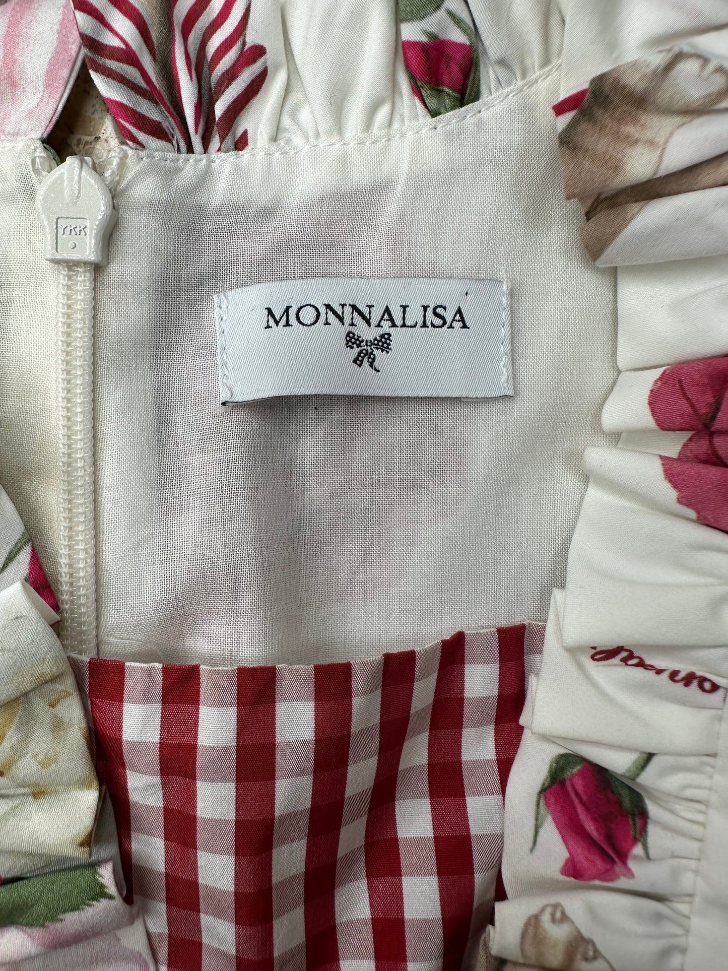 Vestido italiano de niña Monnalisa🎀 blanco con estampado de rosas y cachorros Talla 5