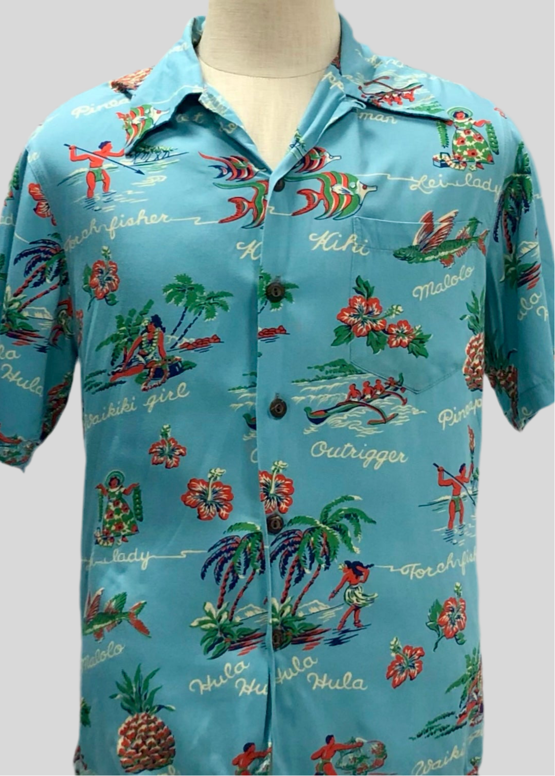 Camisa de botones Kalakaua hawaiana 🌺 color celeste con diseño hawaiano Talla M Entalle Regular