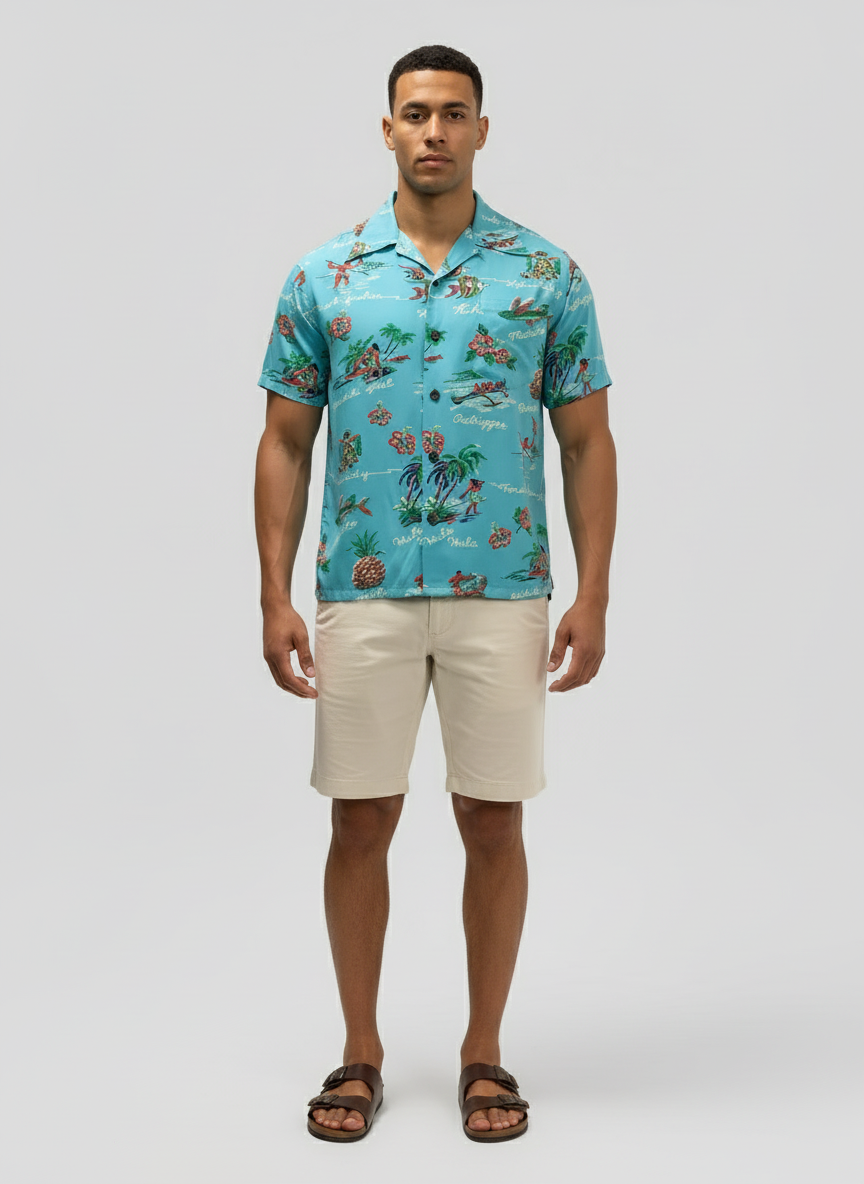Camisa de botones Kalakaua hawaiana 🌺 color celeste con diseño hawaiano Talla M Entalle Regular