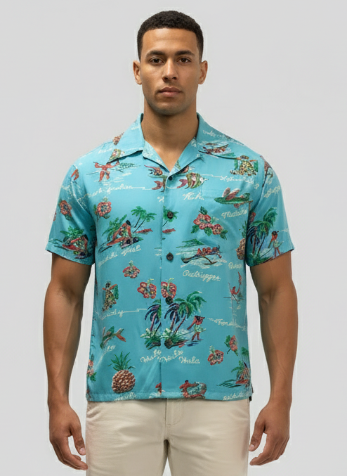 Camisa de botones Kalakaua hawaiana 🌺 color celeste con diseño hawaiano Talla M Entalle Regular