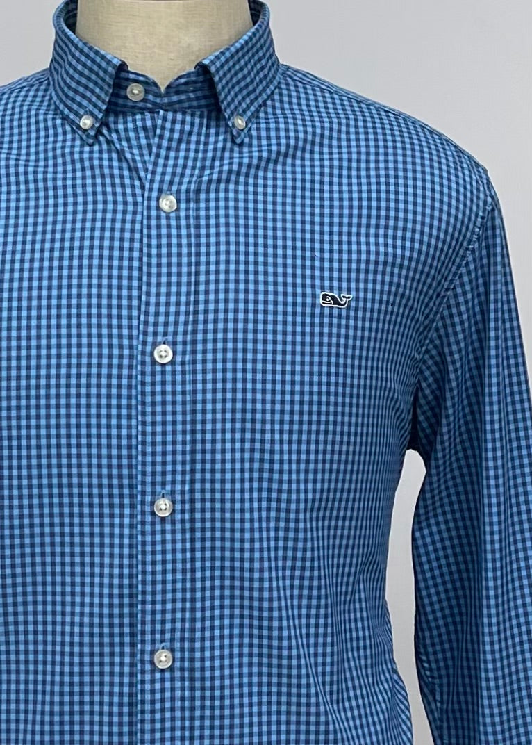 Camisa de botones Vineyard Vines 🐳 Performance de cuadros gingham en color celeste y azul navy Talla L Entalle Regular