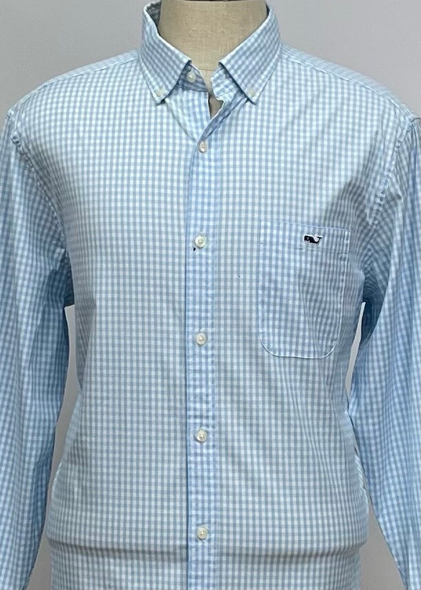 Camisa Vineyard Vines 🐳 de cuadros gingham en color celeste claro y blanco Talla L Entalle Clasico