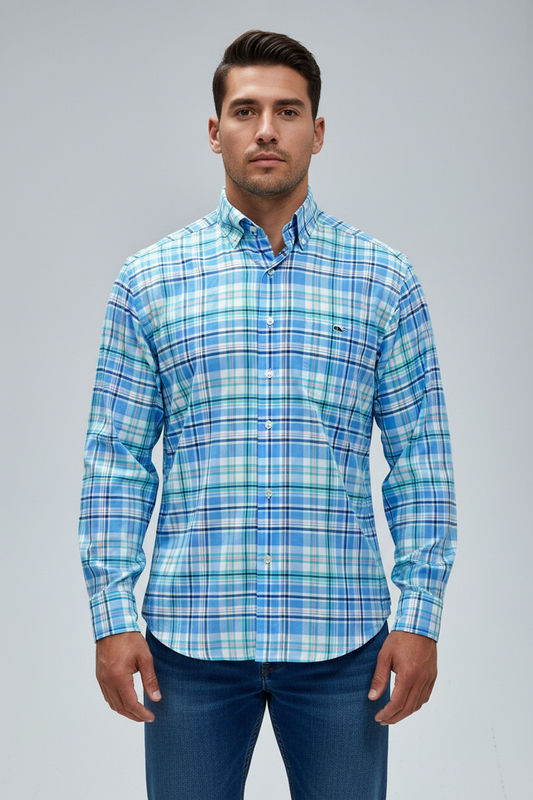 Camisa de botones Vineyard Vines 🐳 color blanco de cuadros en verde, celeste y azul Talla M Entalle Clásico