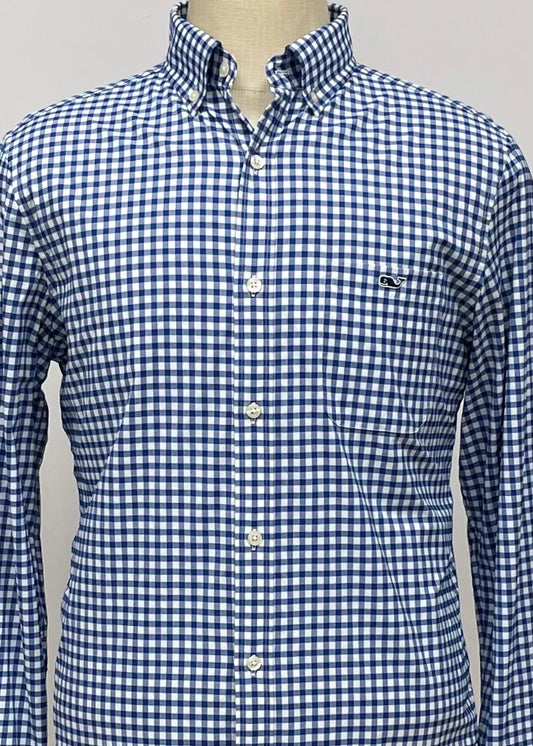 Camisa de botones Vineyard Vines 🐳 Performance con patrón de cuadros en color azul y blanco Talla M Entalle Clásico