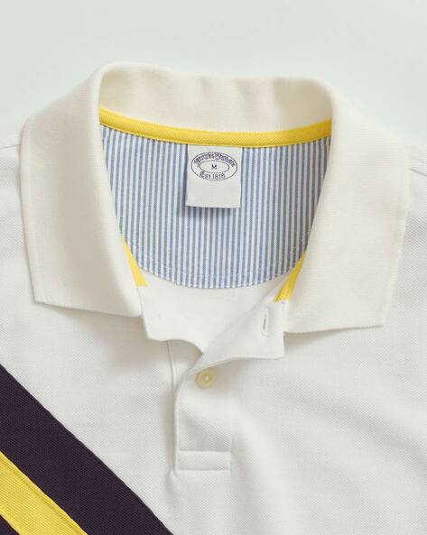 Camiseta Polo Brooks Brothers 🐑 color blanco con franjas en azul y amarillo Talla M Entalle Slim Fit