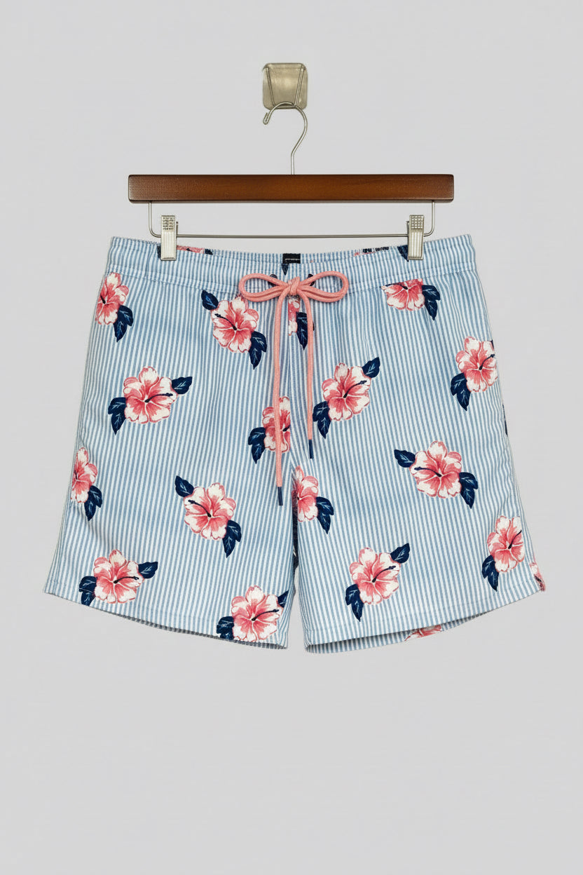 Short de baño Vineyard Vines 🐳 de rayas celeste y blanco con diseño de floral talla L