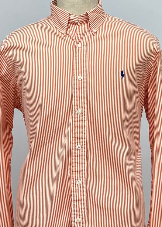 Camisa Polo Ralph Lauren 🏇🏼 color blanco con patron de rayas en color naranja Talla XL Entalle Regular